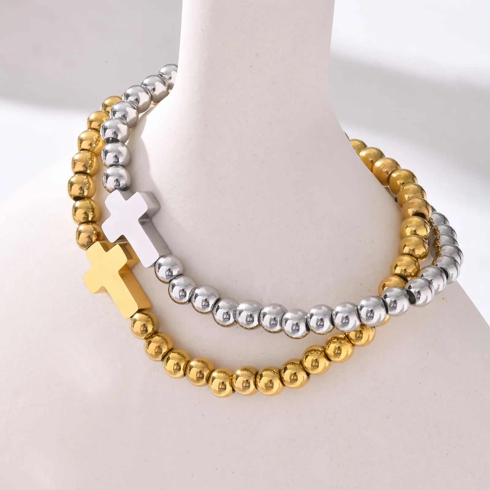 Minimalist Stretch Cross Bracelet for Women,Round Beads Bracelets，Stainless Steel Waterproof Jewelry Gift - Blessings is Here