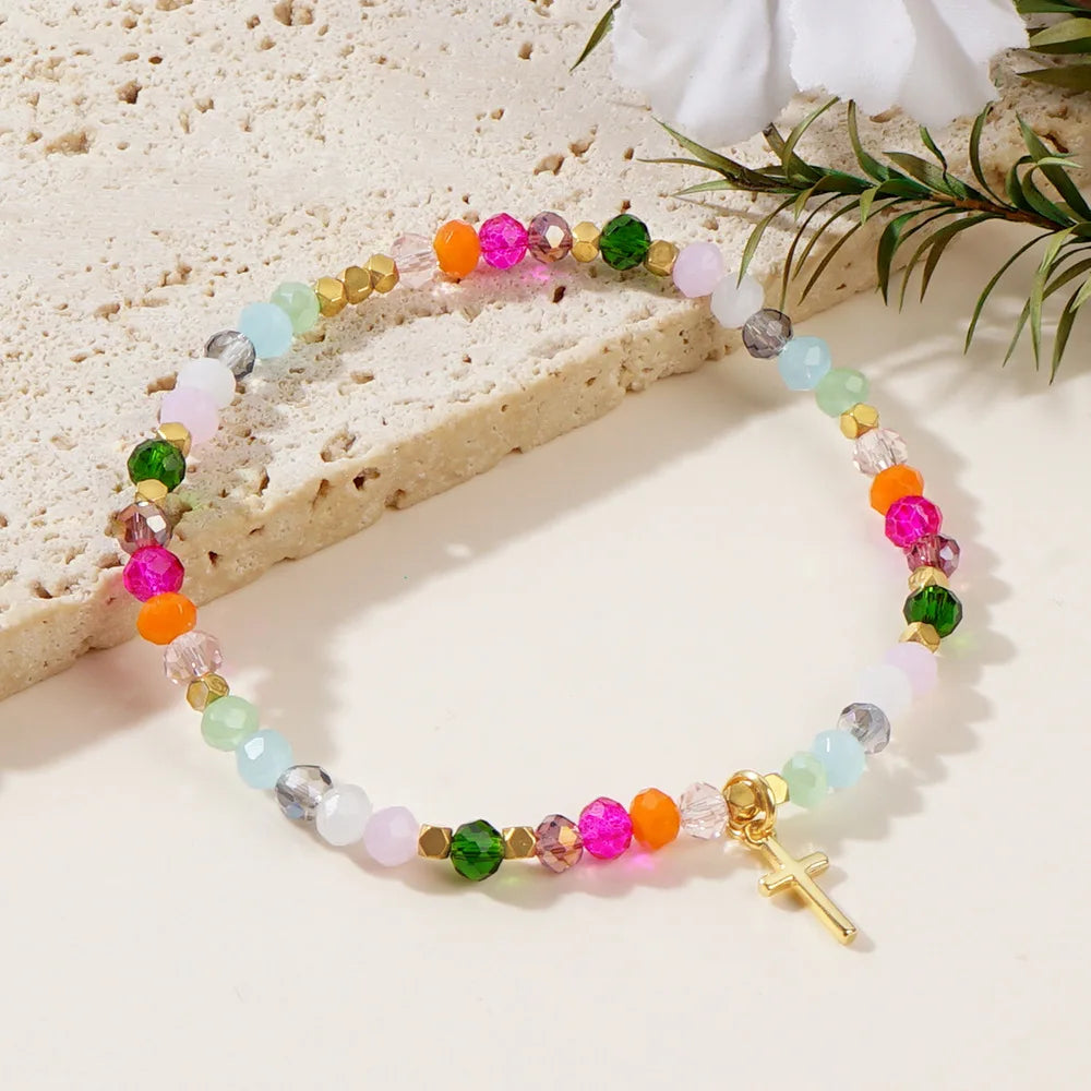 elryCross Square Crystal Beads Bracelet for Women Boho Natural Stone Stretch Beach Jew Multi-Color Religious Baptism Christian Jewelry