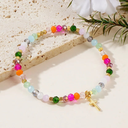 elryCross Square Crystal Beads Bracelet for Women Boho Natural Stone Stretch Beach Jew Multi-Color Religious Baptism Christian Jewelry