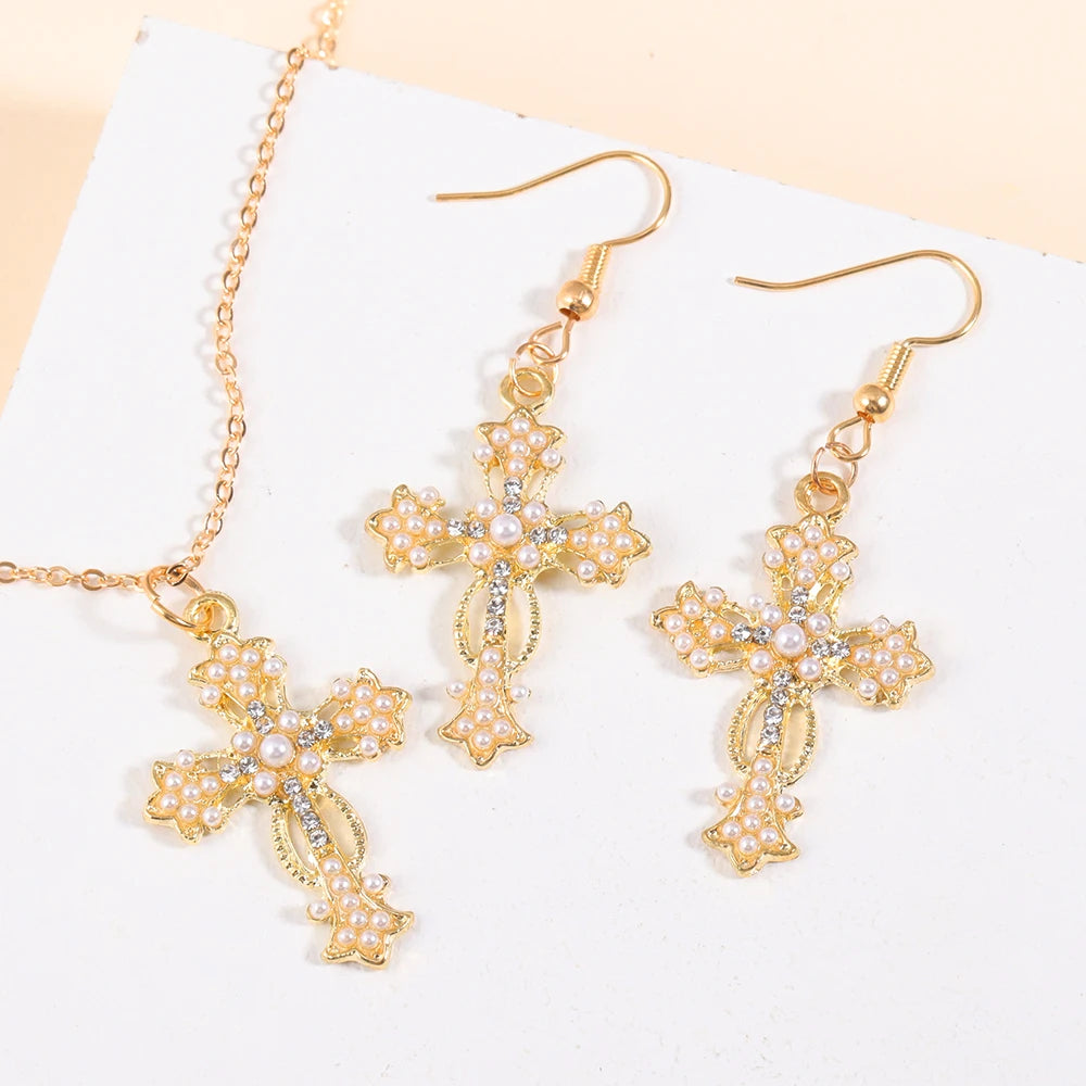 Fashion Rhinestones Cross Charms Necklace Earrings Jewelry Set Trend Personality Pearl Crucifix Jewelry For Friend Gifts - Blessings is Here