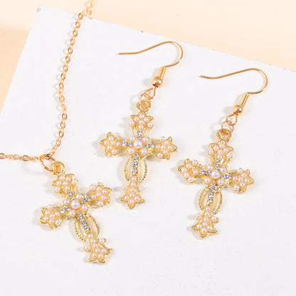 Fashion Rhinestones Cross Charms Necklace Earrings Jewelry Set Trend Personality Pearl Crucifix Jewelry For Friend Gifts - Blessings is Here