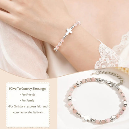 Christian Baptism Religious Beaded Cross Bracelet for Women Pink Crystal Beads Chain Bracelets Christian Easter Jewelry Gift