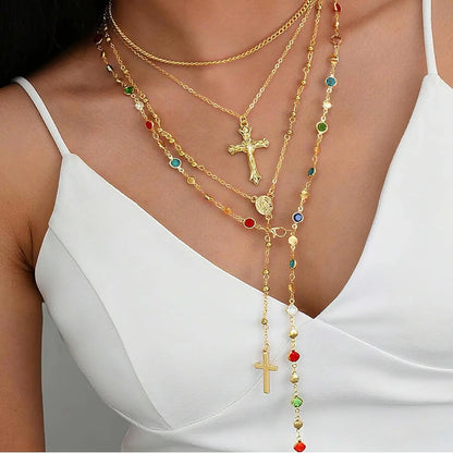 Layered Cross Necklaces for Women Trendy, Bohemian Bead Pearl Y Long Pendant Necklace Set, Vintage Rosary Necklace Adjustable