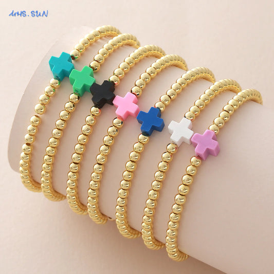 Gold Beaded Cross Bracelet, Christian Bracelet for Women and Men, Faith Jewelry, Inspirational Religious Gift