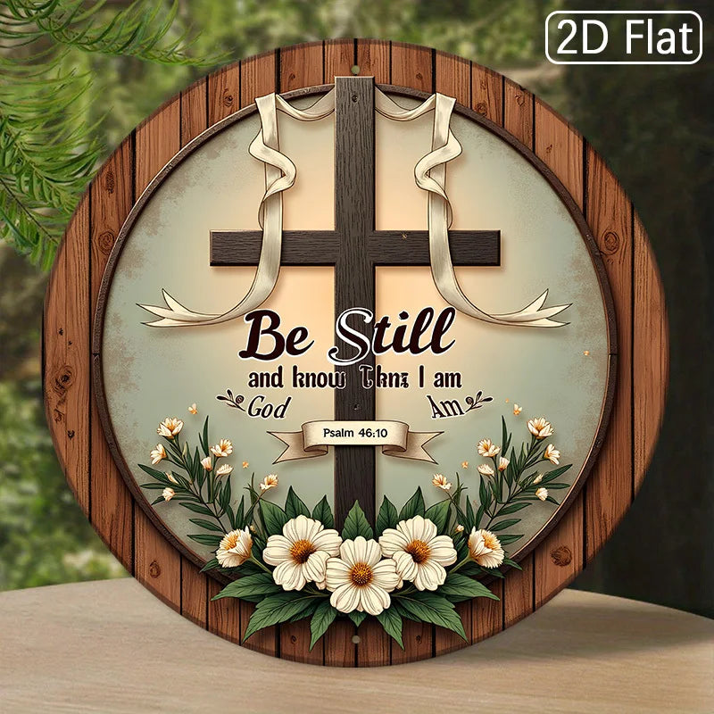 2D Flat, 1pc Vintage Wooden Wall Art Sign - 20.32x20.32 cm Round Rustic Cross with Inspirational Bible Verse (Psalm 46:10) - Flo