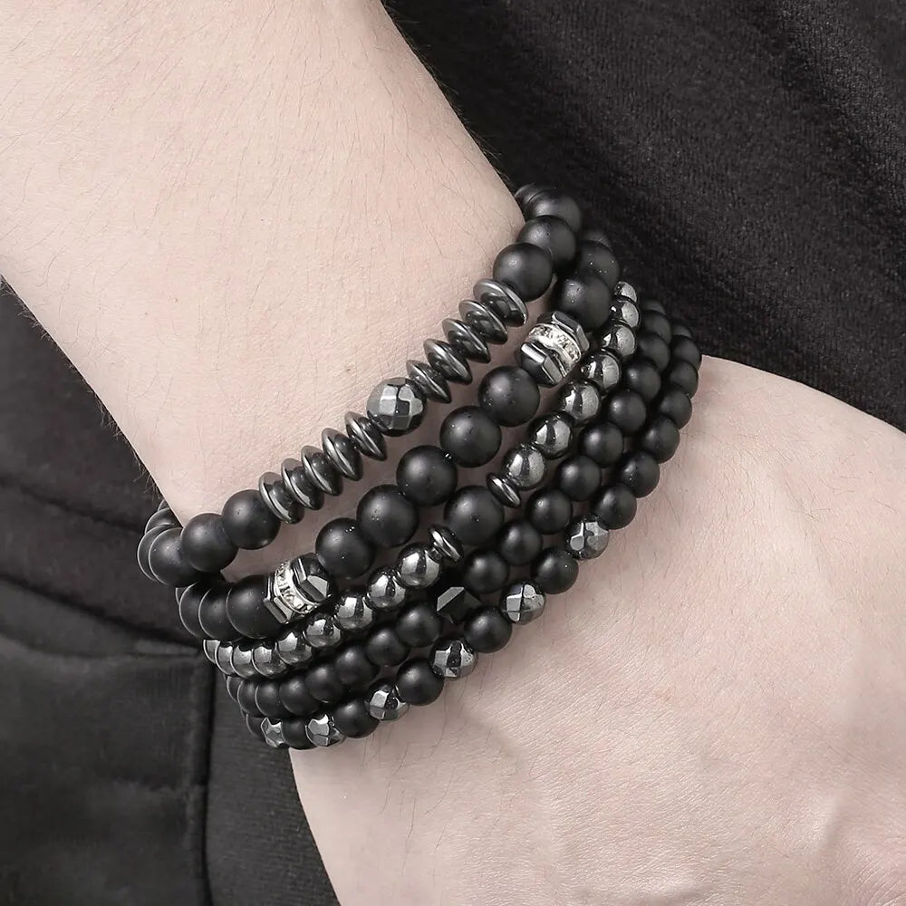 5PCS Natural Stone Beaded Bracelet Set for Men & Women – Multi-Layer Matte Black Lava Stone Stretch Bracelets | Couples Friendship Jewelry Gift