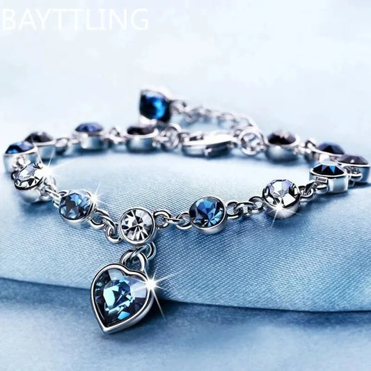 925 Silver Blue Crystal Heart Charm Bracelet for Women