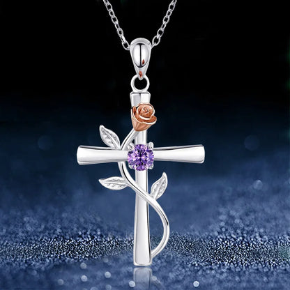 Exquisite Rose Cross Shaped Zircon Necklace for Women Fashion Flower Cross Pendant Clavicle Chain DIY Jewelry Accessories Gift
