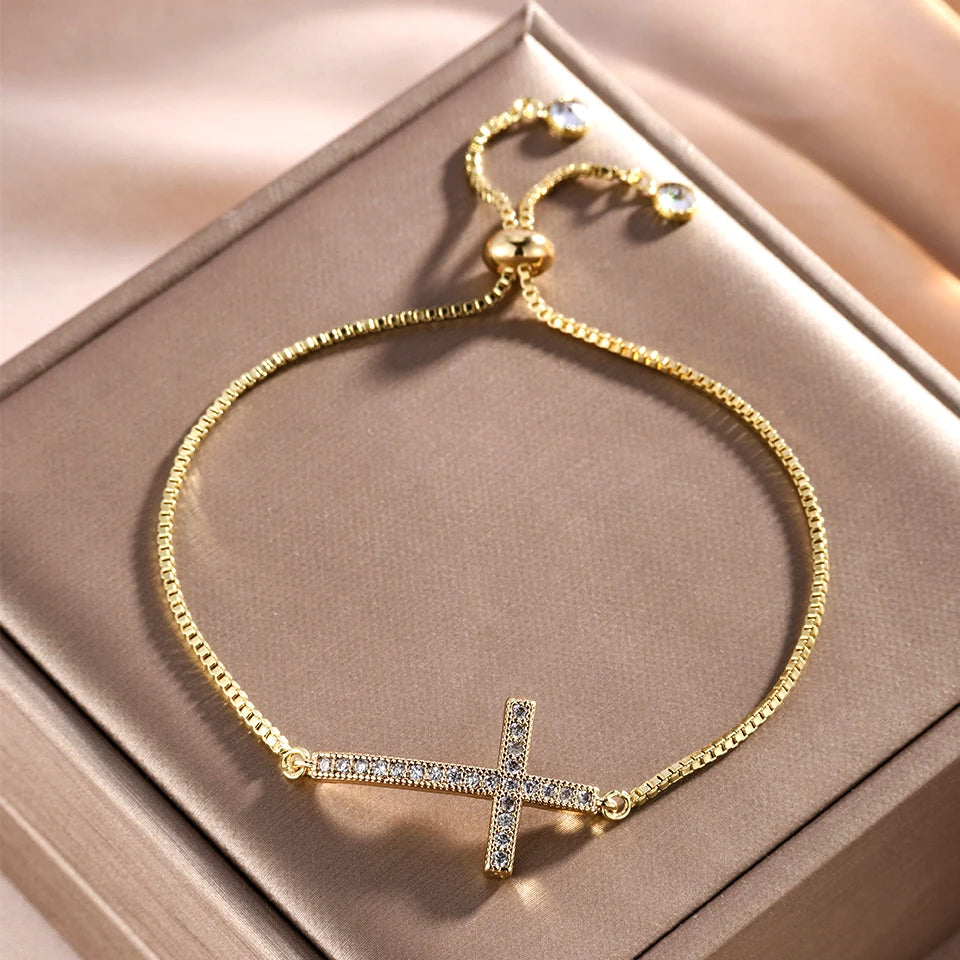 Yupsk Fashion Zircon Crystal Cross Bracelet For Women Adjustable Golden Chain Charm Minimalist Daily Jewelry - Blessings is Here