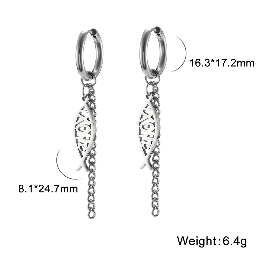 Cross Charm Dangle Earrings Ichthys Jesus Fish Christian Symbol Hoop Earrings Stainless Steel Catholic Amulet