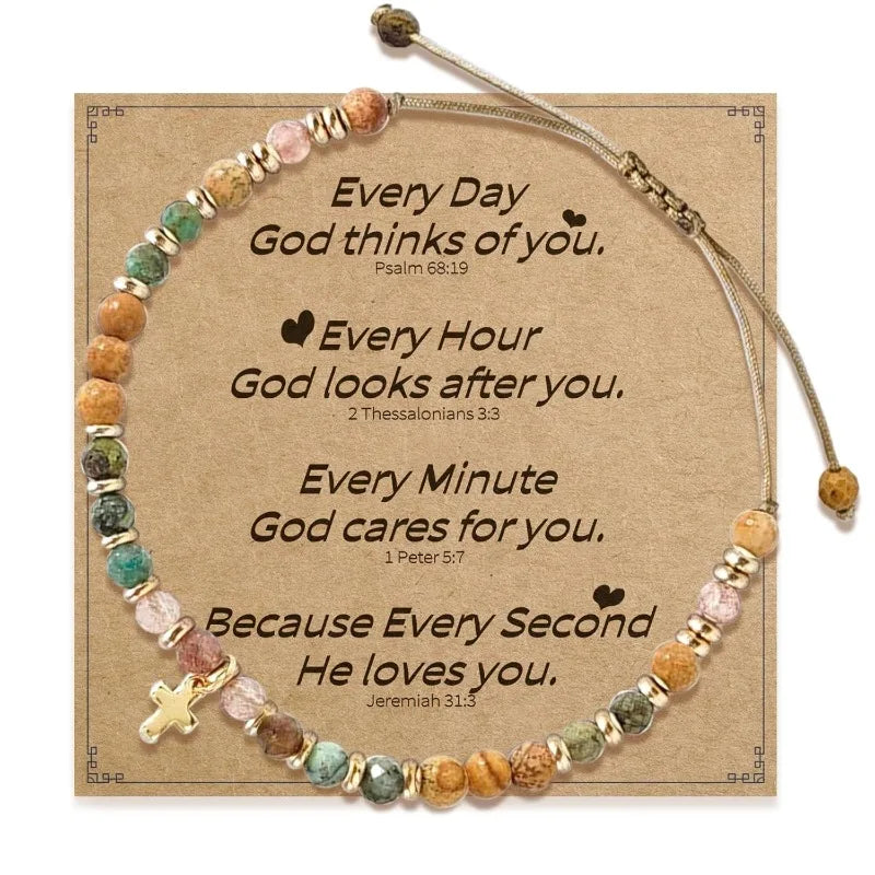 Christian Gifts for Women, Natural Stone Beaded Bracelets, Dainty Trendy Cross Inspirational Religious Jewelry Gifts
