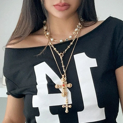Luxury Pearl Cross Pendant Choker Necklace