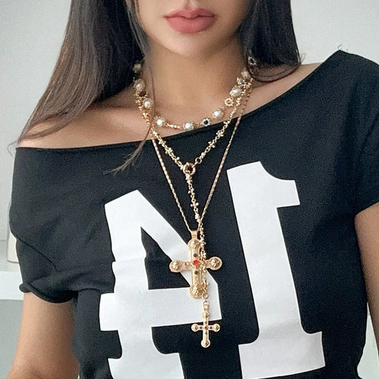 Luxury Pearl Cross Pendant Choker Necklace