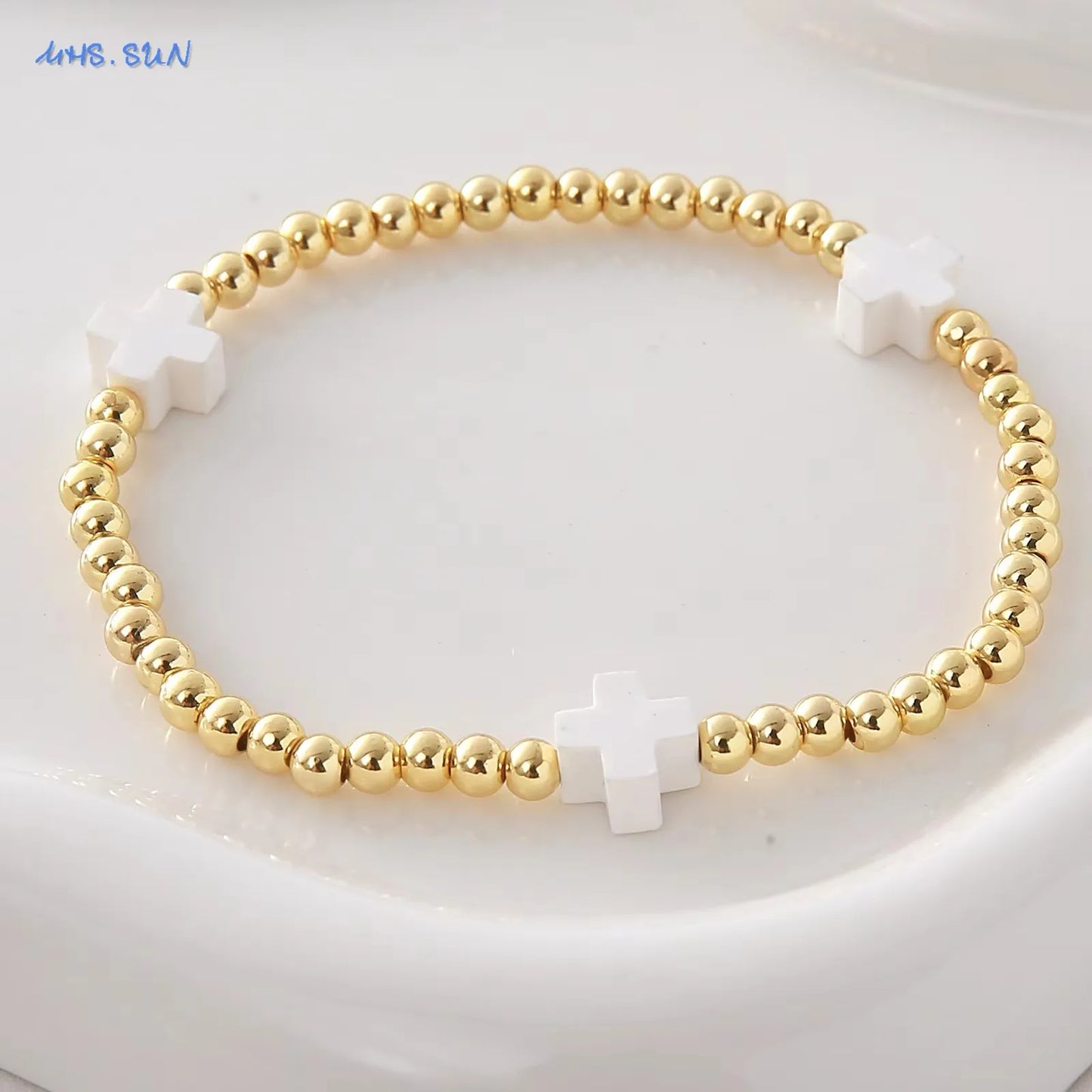 Gold Beaded Cross Bracelet, Christian Bracelet for Women and Men, Faith Jewelry, Inspirational Religious Gift