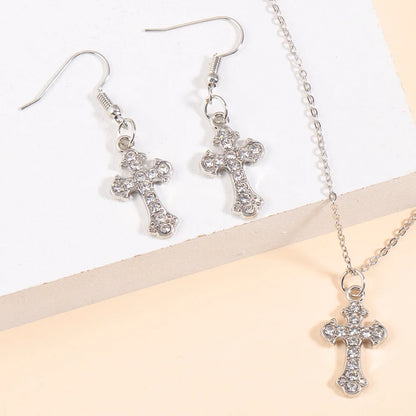 Fashion Rhinestones Cross Charms Necklace Earrings Jewelry Set Trend Personality Pearl Crucifix Jewelry For Friend Gifts - Blessings is Here