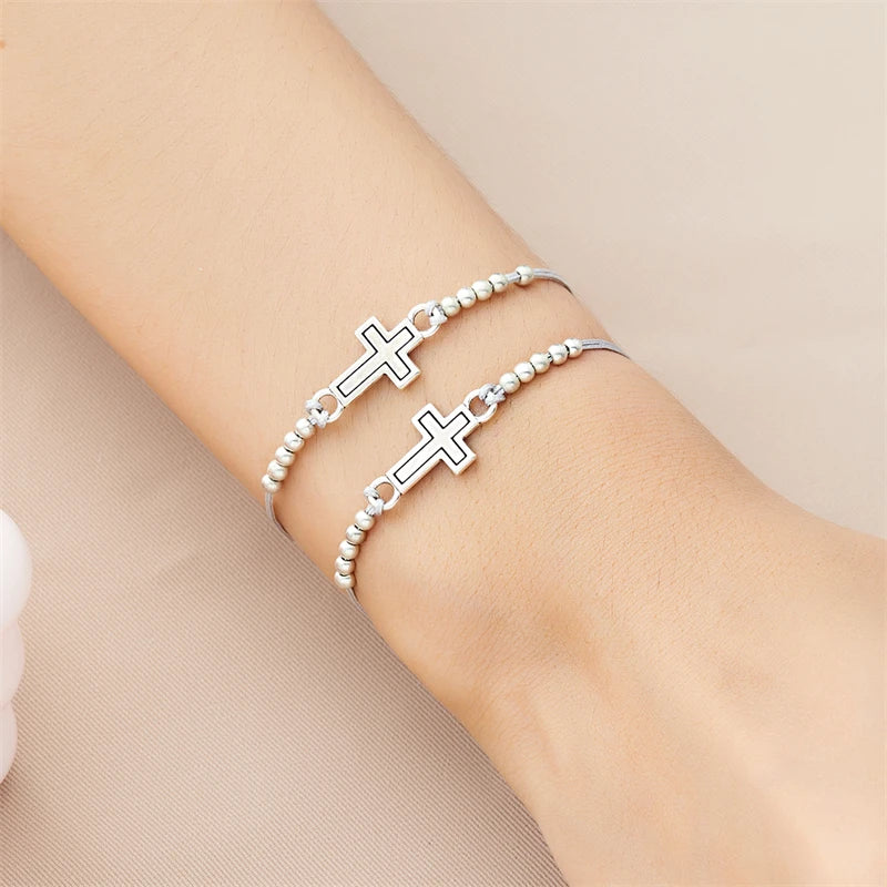 2Pcs/Set New Simple Cross Braided Bracelet for Women Men Handmade Adjustable Friendship Couple Bracelet Christian Prayer Jewelry - Blessings is Here
