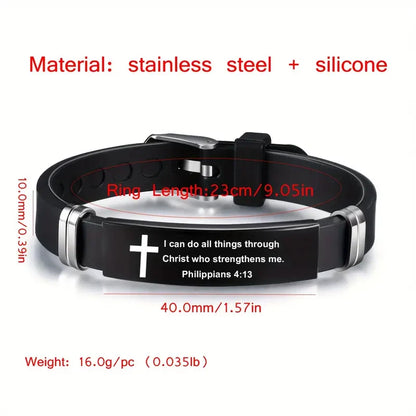 Christian Bible Verse Black Stainless Steel Cross Bracelet