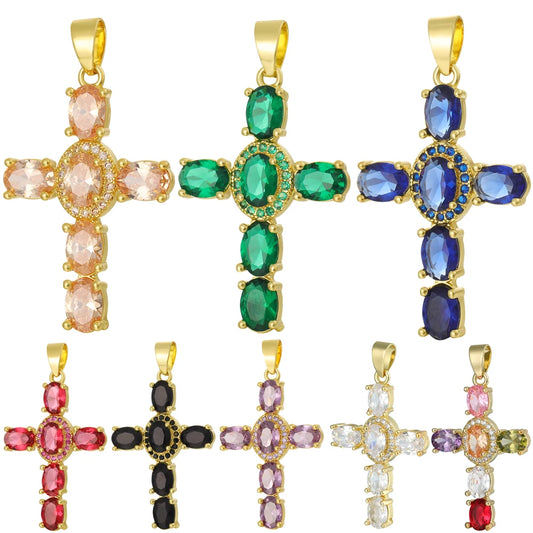 Juya Handmade 18K Real Gold Plated Cubic Zirconia Christian Cross Charms For DIY Rosary Religious Pendant Jewelry Making