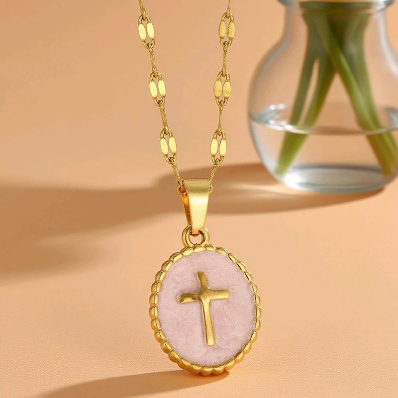 FTCY Stainless Steel Cross Pendant Necklace For Women Simple Elegant Oval Pendant Women's Jewelry Gifts For Daily Decoration - Blessings is Here