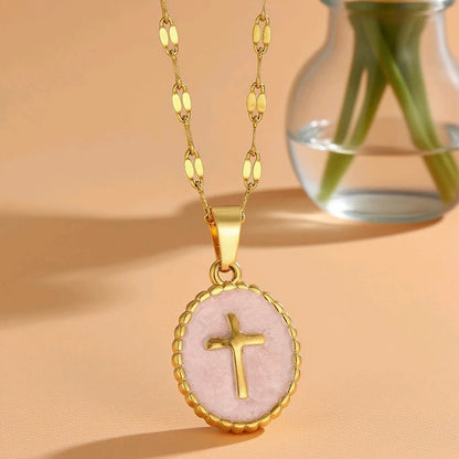 FTCY Stainless Steel Cross Pendant Necklace For Women Simple Elegant Oval Pendant Women's Jewelry Gifts For Daily Decoration - Blessings is Here