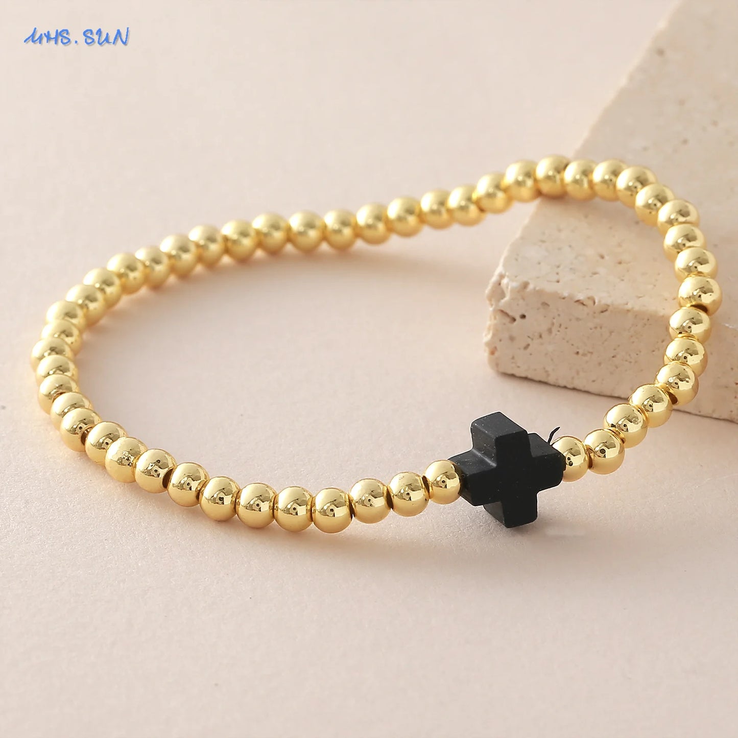 Gold Beaded Cross Bracelet, Christian Bracelet for Women and Men, Faith Jewelry, Inspirational Religious Gift