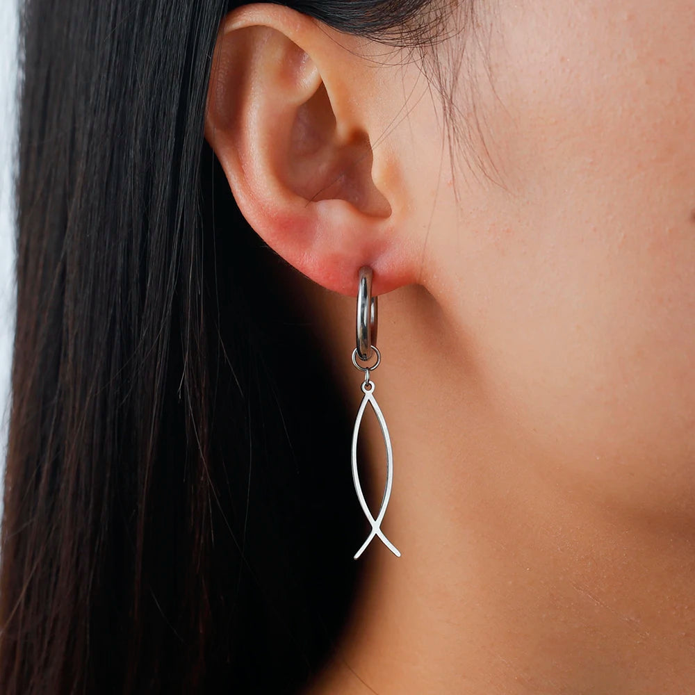 Cross Charm Dangle Earrings Ichthys Jesus Fish Christian Symbol Hoop Earrings Stainless Steel Catholic Amulet