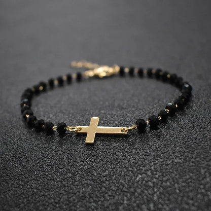 Gold Rosary Sideways Cross Bracelet with Black Beads