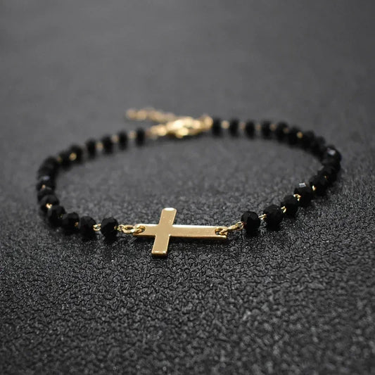 Gold Rosary Sideways Cross Bracelet with Black Beads