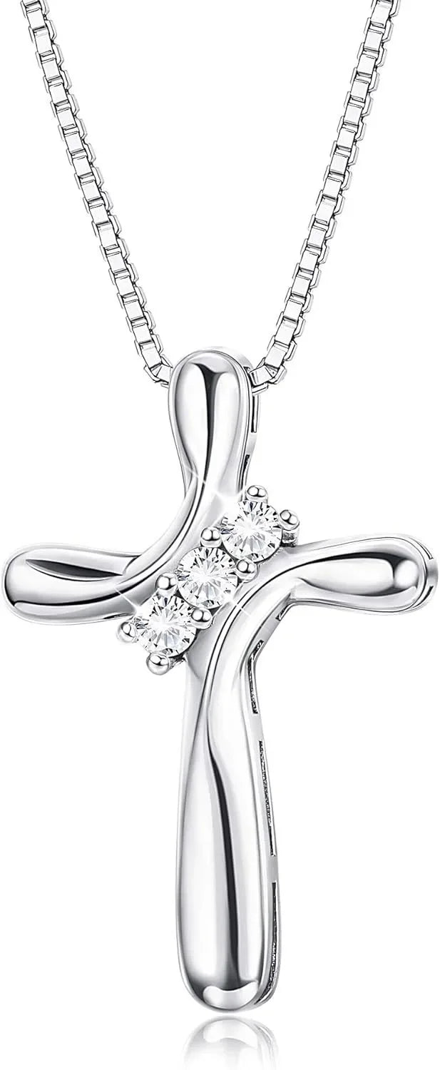 925 Sterling Silver Cross Necklace for Women | Cubic Zirconia Cross Pendant with 18" Box Chain | Christian Faith Jewelry Gift for Women