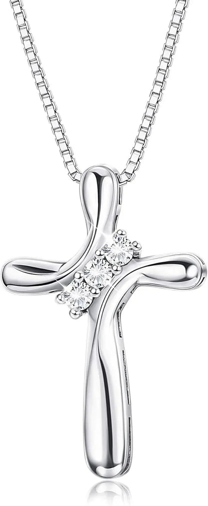 925 Sterling Silver Cross Necklace for Women | Cubic Zirconia Cross Pendant with 18" Box Chain | Christian Faith Jewelry Gift for Women