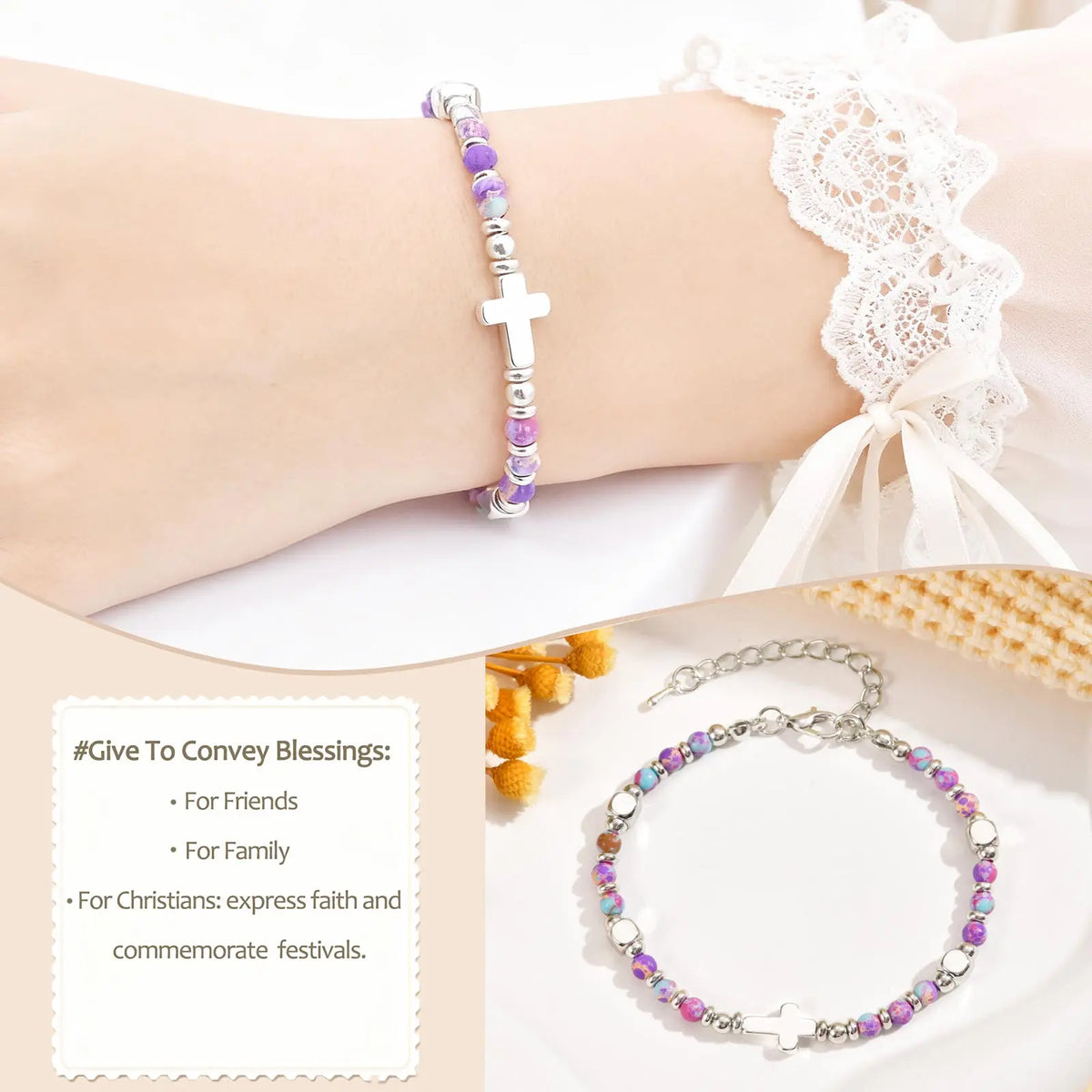 Christian Baptism Religious Beaded Cross Bracelet for Women Pink Crystal Beads Chain Bracelets Christian Easter Jewelry Gift