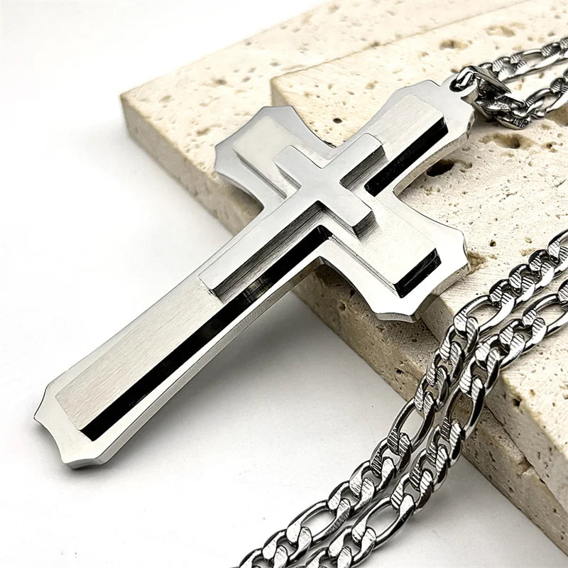 Big Jesus Christian Cross Pendant Necklace for Man Women Stainless Steel Silver Color Link Figaro NK Chain Male Collier Jewelry - Blessings is Here