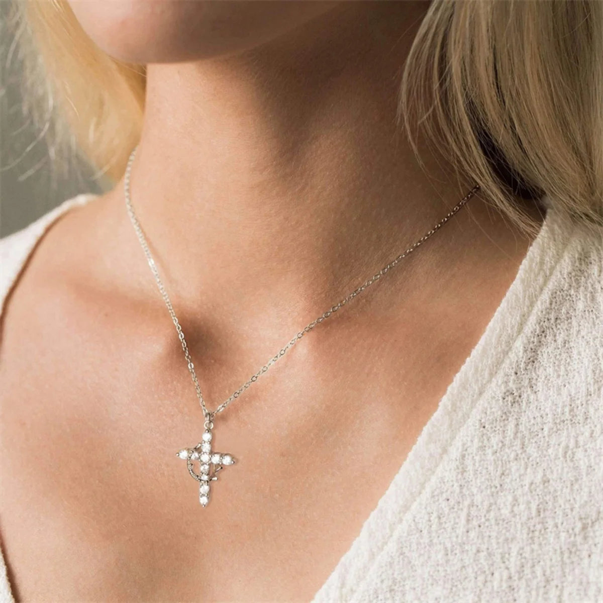 Rotatable Crown Zircon Cross Pendant Necklace Light Luxury Shiny Cross Stainless Steel Chain Choker For Women Men Prayer Jewelry - Blessings is Here