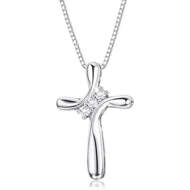925 Sterling Silver Cross Necklace for Women | Cubic Zirconia Cross Pendant with 18" Box Chain | Christian Faith Jewelry Gift for Women