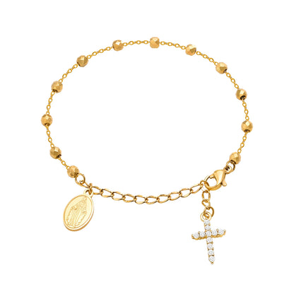 Stainless Steel Cubic Zirconia Cross Rosary Bracelet