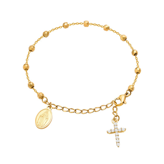 Stainless Steel Cubic Zirconia Cross Rosary Bracelet