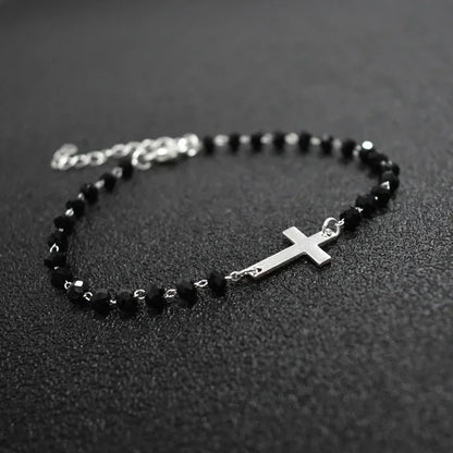 Gold Rosary Sideways Cross Bracelet with Black Beads