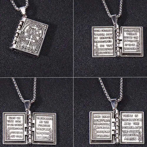 1 pc Vintage Holy Bible Pendant Necklace for Men &amp; Women – Polished Alloy Christian Cross Book Necklace, Opening Bible Locket Pendant, Gold &amp; Silver Religious Jewelry Gift