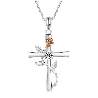 Exquisite Rose Cross Shaped Zircon Necklace for Women Fashion Flower Cross Pendant Clavicle Chain DIY Jewelry Accessories Gift