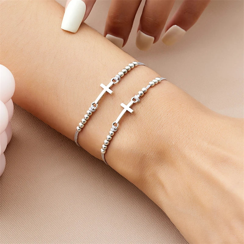 2Pcs/Set New Simple Cross Braided Bracelet for Women Men Handmade Adjustable Friendship Couple Bracelet Christian Prayer Jewelry