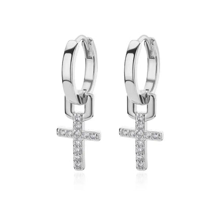 Stainless Steel Zircon Cross Dangle Christian Earrings