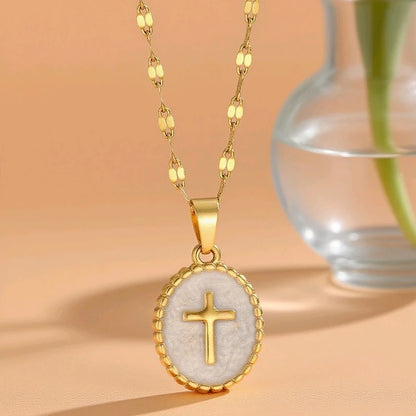 FTCY Stainless Steel Cross Pendant Necklace For Women Simple Elegant Oval Pendant Women's Jewelry Gifts For Daily Decoration - Blessings is Here