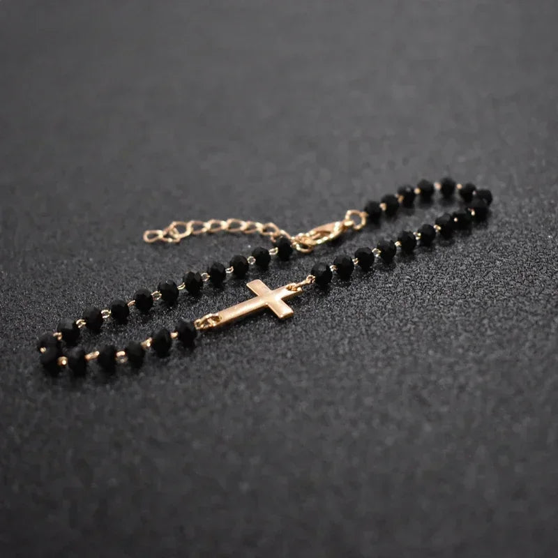 Gold Rosary Sideways Cross Bracelet with Black Beads