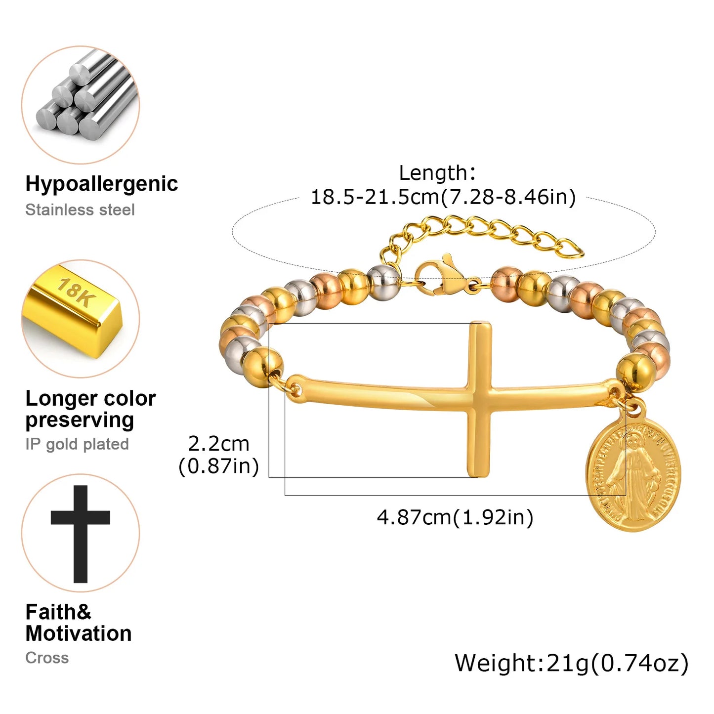 Vnox Saint Benedict Cross Bracelets,Stainless Steel Bead Chain Stretch Strand Bracelets For Women Men,Religion Jewelry Christ - Blessings is Here