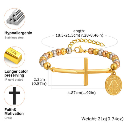 Vnox Saint Benedict Cross Bracelets,Stainless Steel Bead Chain Stretch Strand Bracelets For Women Men,Religion Jewelry Christ - Blessings is Here