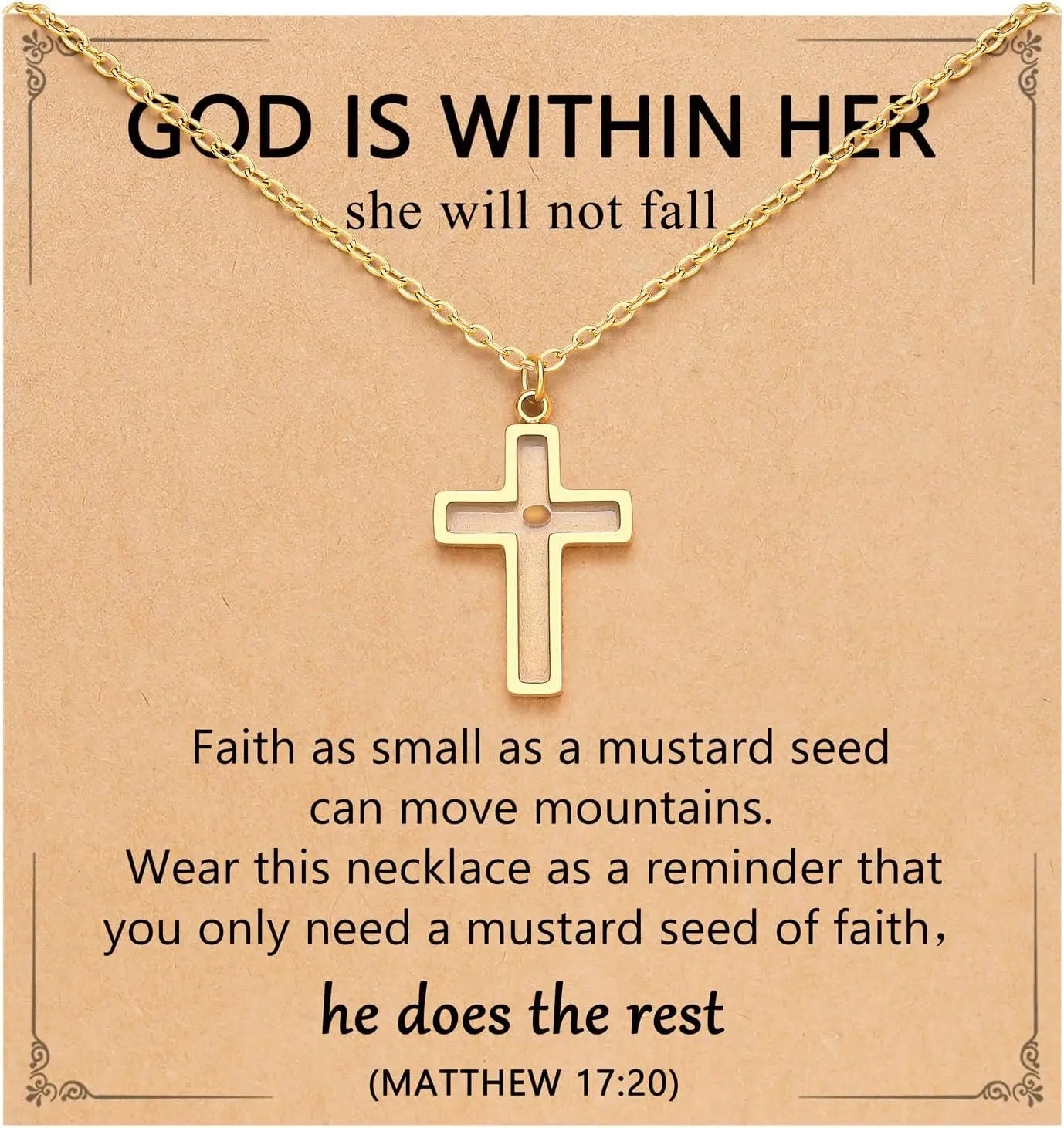 14KGold Stainless Steel Moving Mountains-Mustard Seed Faith Pendant Necklaces for Women Men Boys Teens Girls Christmas Gifts - Blessings is Here