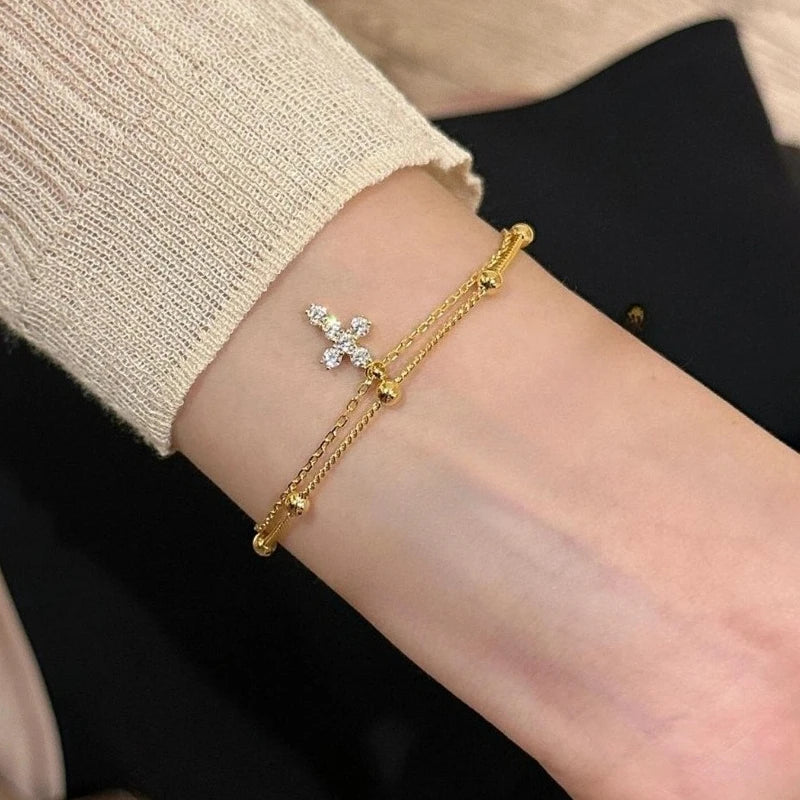 Fashionable Gold Color Women's Cross Chain Bracelet for Girls, Shining with Zircon Inlay, Double-layer Adjustable Charm Bracelet - Blessings is Here