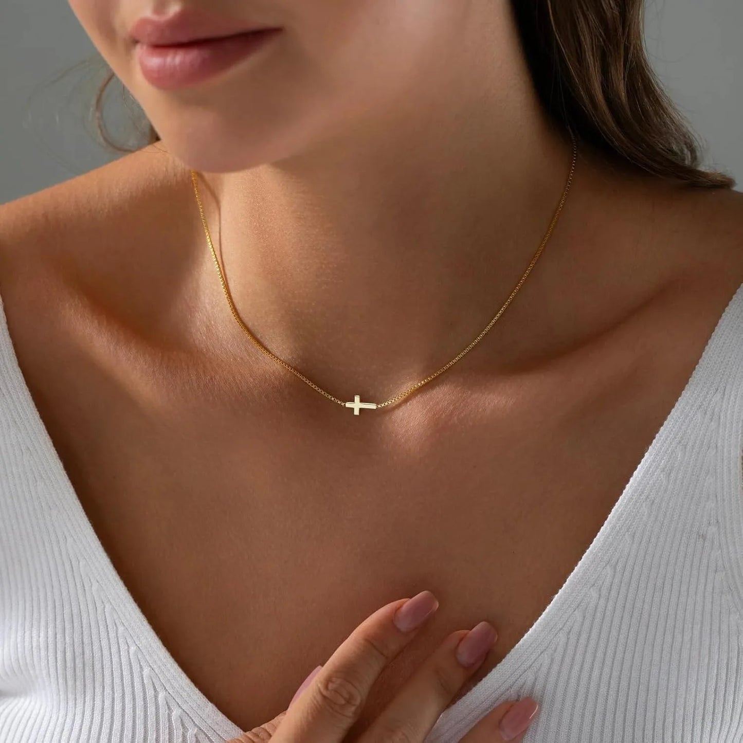 Cross Necklace for Women 14K Gold Plated Small Cross Pendant Choker Simple Trendy Charm Chain Necklace Jewelry Religious Gift