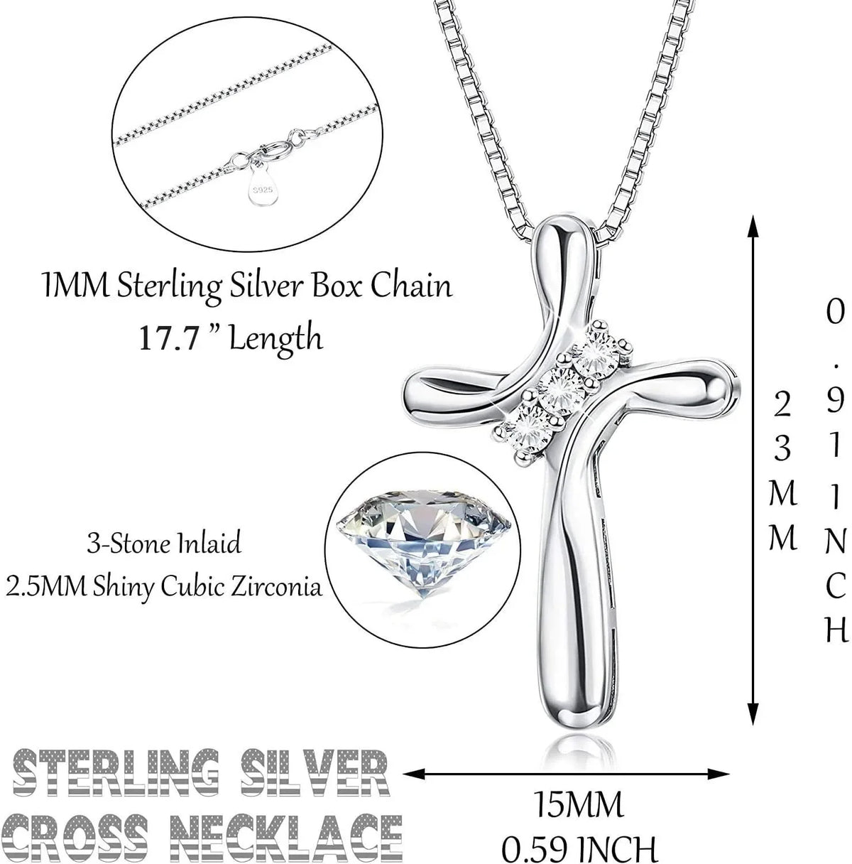925 Sterling Silver Cross Necklace for Women | Cubic Zirconia Cross Pendant with 18" Box Chain | Christian Faith Jewelry Gift for Women