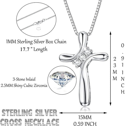 925 Sterling Silver Cross Necklace for Women | Cubic Zirconia Cross Pendant with 18" Box Chain | Christian Faith Jewelry Gift for Women